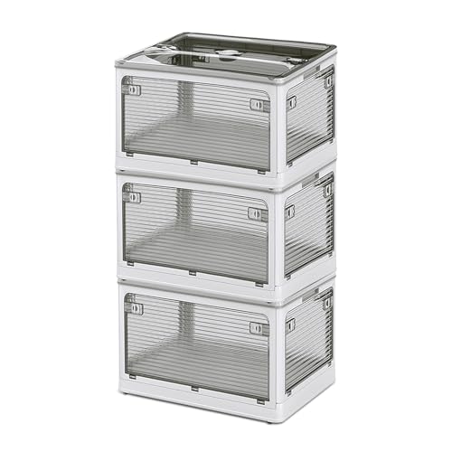 JPSunBloom 収納ボックス 折り畳み 積み重ね 蓋付き収納ボックス キャスター付き 全方向から取り出せる 大容量 三段ボックス 車用 収納ケース 衣類 布団 小物 おしゃれ コンテナ ボックス ぬいぐるみ 収納 折りたたみコンテナ 漫画 収納箱 収納用品 無臭 透明 防湿 防塵 防カビ 厚み 強い耐荷重 (ホワイト, S 3個セット) 1枚目 画像