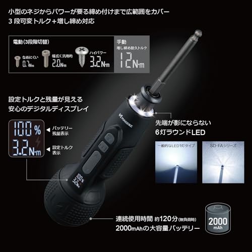 メイカーズ（MAKERZ） デジタル電動ドライバー 小型 強力 電動3段可変トルク（3.2N.m、2.0N.m、0.7N.m）＋手動最大12N.m 増し締め 設定トルクとバッテリー残量がわかるデジタルディスプレイ搭載 先端が影にならない6灯ラウンドLED SD-FA-2000L 最後 画像