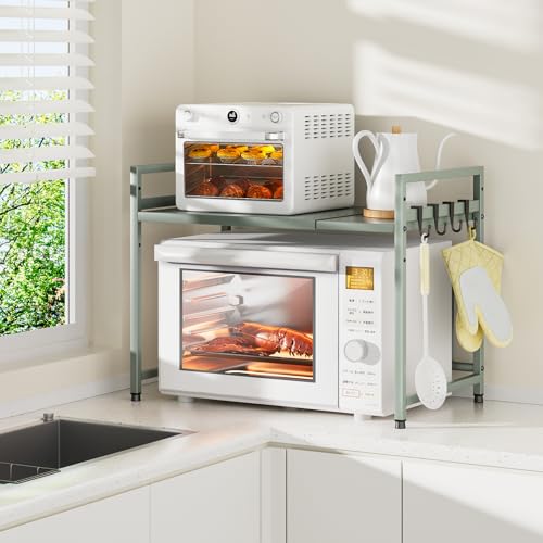 DAIWIN レンジ上ラック トースターラック レンジラック 伸縮式 幅(36~59cm) 棚板高さ調節可 耐荷重50kg シンク上キッチン収納ラック フック4個付き (グリーン) レンジ上ラック 選び方 伸縮式 実物画像・外観写真