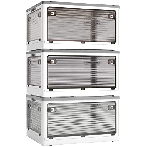 X XUNTAO【収納ボックス 折りたたみ】蓋付き 積み重ね 全方向から取り出せる 3個セット 収納ケース 衣類 布団 小物 収納 折り畳み コンテナ ボックス 大型 プラスチック キャスター付き おしゃれ 組立簡単 防塵 防カビ 防湿 無臭 半透明 厚み 強い耐荷重 大容量 家庭用 車用 複数のサイズ 各種カラー（M3個セット,47.5cm*35.5cm*24cm,40.5L） 折りたたみ収納ボックス 蓋付き 選び方 実物画像・外観写真