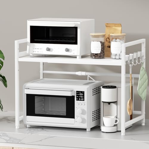 TKUIN レンジ上ラック キッチン 伸縮式 トースターラック 幅(39-65cm) 伸縮可 オーブンレンジ 棚板高さ調節可 電子レンジ 台 収納 耐荷重50kg フック4つ付き 組み立て簡単 おしゃれ (ホワイト) レンジ上ラック 選び方 実物画像・外観写真