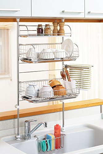 ヨシカワ 水切りラック 突っ張り ステンレス 伸縮 大容量 幅48cm×高さ107cm 省スペース スリム シンク上 日本製 1305037 中間 画像
