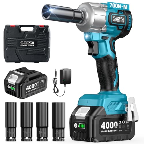 【2025新型】SEESII 電動インパクトレンチ タイヤ交換 700N・m 強力 ブラシレスモーター 小型 ハイパワー 自動停止モード 無段変速 正逆転両用 1/2インチ LEDライト 4000mAhバッテリー 4本ソケット付き 車用 自動車の修理 ナットの締め付け ボルトの緩み 締付工具 過負荷・過熱・放電保護 型番 S7 SEESII 電動インパクトレンチ 選び方 実物画像・外観写真