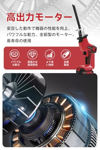 レシプロソー 電動ノコギリ 電動工具 ノコギリ 2個バッテリ 無段変速 一台多役 家庭用 小型 軽量 電動カッター 充電式レシプロソー レッド 中間 画像