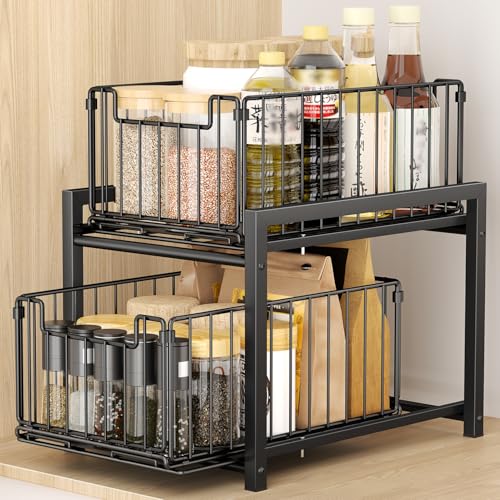 TKUIN シンク下ラック 収納 スライド 幅27×奥行37×高さ38.5cm 大容量 引き出し 2段 キッチン収納 洗面台下 収納ラック キッチンラック 台所 整理収納 キッチンストッカー スチール製丈夫 シンク下収納ラック (Black) シンク下ラック 選び方 実物画像・外観写真