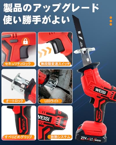 レシプロソー 充電式 【2026年新登場】電動ノコギリ 電動のこぎり 21V 超強力 安全ロック 無段変速 高炭素鋼替え刃12本 2個バッテリー付 小型 軽量設計 竹伐採 枝切り 木材加工 DIY 解体作業 日本語説明書付 (レッド) 最後 画像