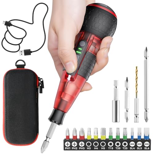 Yacooda 電動ドライバー 小型 【伝統革新・中が見える電動ドライバー・鬼トルク6N.m】強力 16点ビット付き 収納ケース付き USB-C充電式 高輝度LEDライト 軽量 DIY 操作簡単 女性/初心者対応 クリアレッド 電動ドライバー 小型 選び方 実物画像・外観写真