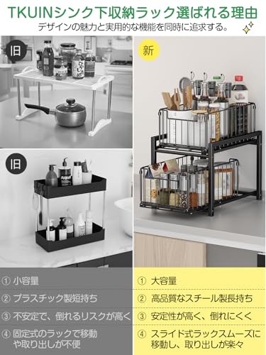 TKUIN シンク下ラック 収納 スライド 幅27×奥行37×高さ38.5cm 大容量 引き出し 2段 キッチン収納 洗面台下 収納ラック キッチンラック 台所 整理収納 キッチンストッカー スチール製丈夫 シンク下収納ラック (Black) 中間 画像
