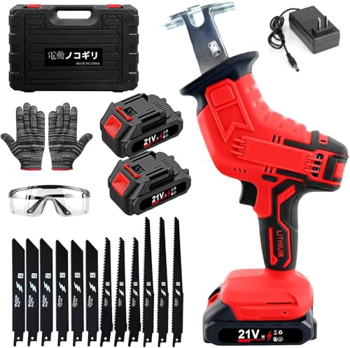 レシプロソー 充電式 【2026年新登場】電動ノコギリ 電動のこぎり 21V 超強力 安全ロック 無段変速 高炭素鋼替え刃12本 2個バッテリー付 小型 軽量設計 竹伐採 枝切り 木材加工 DIY 解体作業 日本語説明書付 (レッド) 1枚目 画像