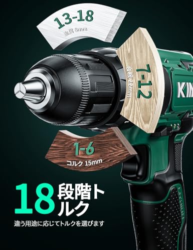 【2026年新型 電動ドライバー 20V 2000mAhバッテリー2個付き】KIMO 電動ドリル 1台3役 電動工具 電動ドライバー 小型 13本ビット 1本延長アダプター 無断変速 2段階スピード調整 正逆転切替 LEDライト 18段階トルク調節 電動ドリルドライバー コードレス 軽量 安全ロック ネジ締め ドライバードリル 穴あけ 締付工具 木材・金属掘削 DIY初心者 家具組立 PSE認証済 中間 画像