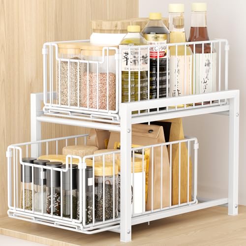 TKUIN シンク下ラック 収納 スライド 幅27×奥行37×高さ38.5cm 大容量 引き出し 2段 キッチン収納 洗面台下 収納ラック キッチンラック 台所 整理収納 キッチンストッカー スチール製丈夫 シンク下収納ラック (White) シンク下収納ラック おすすめ 実物画像・外観写真