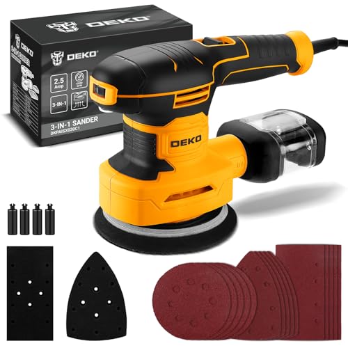 DEKOPRO サンダー 電動 1台3役 ランダムサンダー オービタルサンダー コーナーサンダー 6段階調速 高集塵システム 付属サンドペーパー16枚 DIY工具日曜大工 木工作業 研磨 仕上げ 荒削り 日本語取扱説明書 イエロー 1