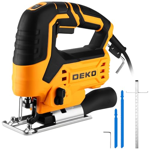 DEKOPRO ジグソー電動 オービタルジグソー DIY 電動工具 切断工具 コード式 6段変速 4段階調節 ±45°多角度調整 木材 プラスチック 金属 家庭用 小型 除塵 吸引・吹き出し掃除機能 ブレード&定規付き 木工 DIY作業 イエローの外観・全体像 画像