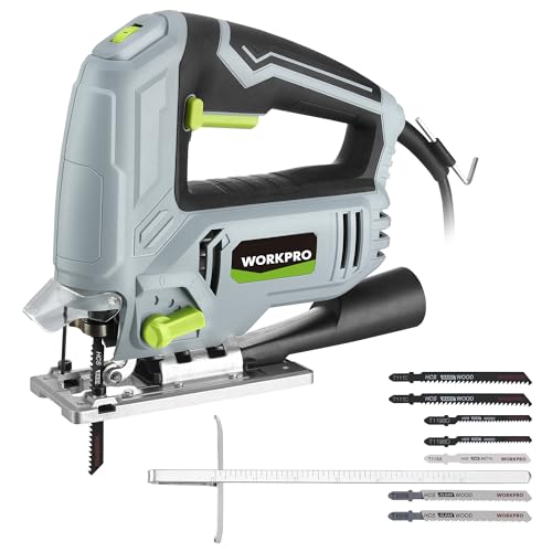 WORKPRO ジグソー 傾斜 曲線切断 ダイヤル式6段変速 オービタル4段階調節 ワンタッチ切替 木材 プラスチック 金属切断用 除塵 吸引・吹き出し掃除機能 透明保護カバー付き ブレード７本&定規付き 木工 DIY作業 取扱説明書付き 1
