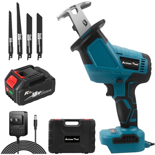 アルチザンツール【日本ブランド】充電式レシプロソー 片手 ATSS01Bセット 収納ケース 替刃4本付き 片手 収納ケース 替刃4本付き 電動のこぎり マキタ18Vバッテリーbl1860bなど使用可能 ブラシレスモータ 無段変速 庭木の剪定 高速切断 DIY 枝切り 粗大ゴミ解体 アルミニウム切断 配管作業 伐採作業 3000mAh バッテリー付き 即使用可能フルセット マキタ互換品の外観・全体像 画像