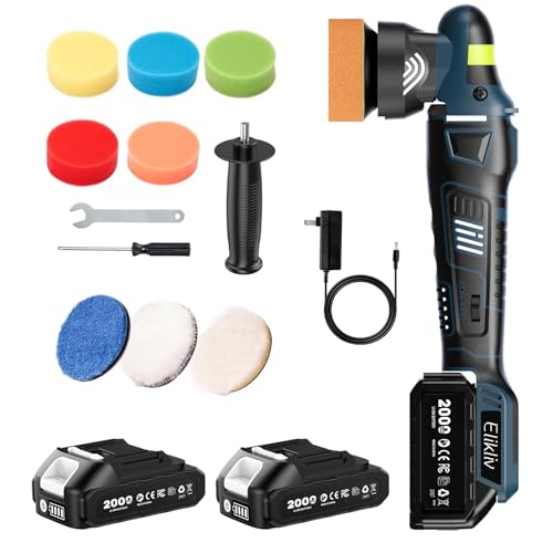 【2025年新型】Elikliv 電動ポリッシャー ポリッシャー 充電式 ダブルアクション 75mmミニポリッシャー 車 バイク サンダポリシャー コードレス 6段階変速 2000-6200RPM 恒定回転速度 4000mAh大容量バッテリー付き 洗車 バイク 自動車用 木工 錆消し 傷消し キズ消し 艶出し ワックスがけ 業務用 豊かな付属品付きの外観・全体像 画像