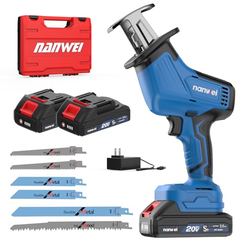 NANWEI 充電式レシプロソー マキタ18Vバッテリー対応 電動ノコギリ ブラシレスモータ― 小型電動のこぎり コードレス ストローク長15mm DIY 無段変速 安全ロック 木材・金属などの切断 2.0Ahバッテリー2個付きの外観・全体像 画像