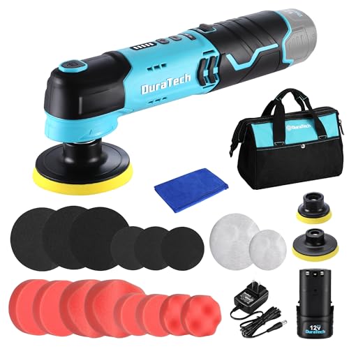Duratech 電動ポリッシャー 充電式ポリッシャー コードレス 12V 5段階調速 3000RPM 1500mAh大容量リチウムイオンバッテリー マジックテープ式 ベースパッド2個 スポンジセット（18点）などの豊かな付属品付き 車の磨き 車用 ワックスがけ 拭き取り 傷消し ツヤ出し 仕上げ 家庭用 DIY日曜大工 充電器・収納バック【型番：DT105150】 1