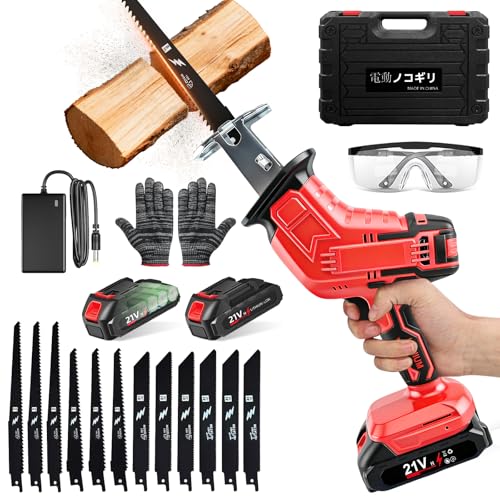 レシプロソー 充電式【2026年新登場·造園会社監修】電動ノコギリ 電動のこぎり 大容量バッテリー2個 21V 超強力 安全ロック 無段変速 高炭素鋼替え刃12本 小型 軽量設計 一台多役 竹伐採 枝切り 木材加工 DIY 解体作業 金属切断 収納ケース付き 日本語説明å書付 (レッド)の外観・全体像 画像
