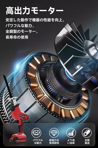 レシプロソー 電動ノコギリ 電動工具 ノコギリ 2個バッテリ 無段変速 一台多役 家庭用 小型 軽量 電動カッター 充電式レシプロソー レッドの特徴・詳細 画像