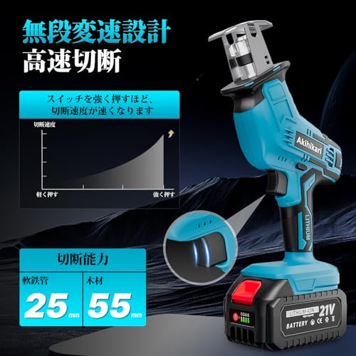 レシプロソー 充電式 電動ノコギリ4.0Ah大容量バッテリー2個 電動ノコギリ 21V 電動のこぎり 超強力 安全ロック 無段変速 残電量表示 軽量 小型 7本高炭素鋼替刃付き枝切り DIY 枝打 ち 竹を切る 庭木の剪定 金属切断 粗大ごみ切断 収納ケース付き 木材・金属切断 粗大ゴミ解体 一台多役 小型 軽量 家庭用の特徴・詳細 画像