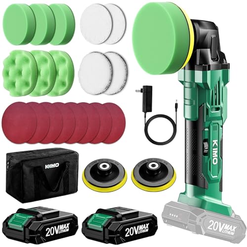 【20V 2000mAh バッテリー*2個付き バランス型 ポリッシャー】KIMO コードレス ポリッシャー 車 100mm 充電式 電動 6段階スピード調整 1.2KG 軽量設計 多機能 バフ サンドペーパー*8 交換用研磨ディスク*2 マイクロファイバーパッド*2 平スポンジ*3 波形スポンジ*3 収納バック付き 車磨き ワックス作業 艶出し 傷消し 鏡面磨き 錆落し PSE認証済の外観・全体像 画像