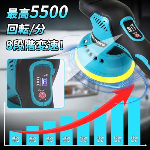 【2025強化版】ポリッシャー 充電式ポリッシャー 電動ポリッシャー 12V ダブルアクション ポリッシャー 8段階変速 125mm コードレス ポリッシャー 大容量バッテリ一2個搭載 車 コードレスポリッシャー 研磨 ポリッシャー 洗車 車磨き 鏡面磨き 傷消し 艶出し ワックス 電動ポリッシャー (ブルー)の特徴・詳細 画像
