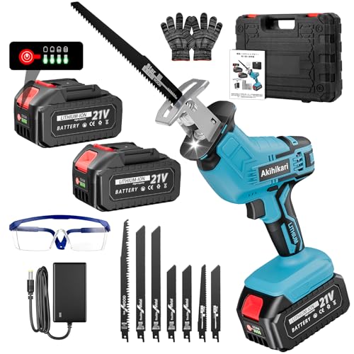 レシプロソー 充電式 電動ノコギリ4.0Ah大容量バッテリー2個 電動ノコギリ 21V 電動のこぎり 超強力 安全ロック 無段変速 残電量表示 軽量 小型 7本高炭素鋼替刃付き枝切り DIY 枝打 ち 竹を切る 庭木の剪定 金属切断 粗大ごみ切断 収納ケース付き 木材・金属切断 粗大ゴミ解体 一台多役 小型 軽量 家庭用の外観・全体像 画像