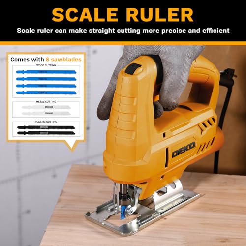 コード式ジグソー：DEKOPRO電動ジグソー工具 木工用パワージグソー、木工用ハンドツール6段階変速、4段階オービタル設定、±45°ベベルカット、工具不要ブレードクイックリリースの特徴・詳細 画像