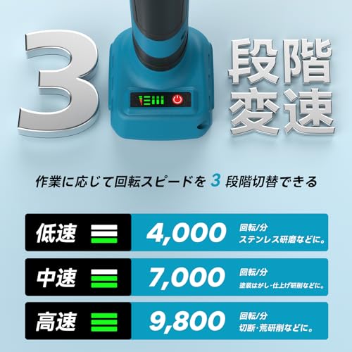Avhrit 充電式ディスクグラインダー 18V 100mm ブラシレスモーター 3 段変速 マキタ 18V バッテリー互換（BL1820/BL1830/BL1840/BL1850/BL1860） 金属研磨・サビ取り・石材切断対応 本体のみ 日本語取扱説明書付きの特徴・詳細 画像