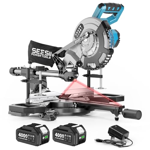 SEESII 卓上スライド丸のこ 刃径200mm 最大切断幅305mm 充電式 電動 スライド丸鋸 8インチ レーザー付き 卓上丸ノコ 4.0Ah大容量バッテリー2個 ブラシレスモーター 無段階変速 LED自動点灯 目盛付き 安全スイッチ 集塵袋付属 0-45度傾斜切断 左右各45度回転 日本語説明書付きの外観・全体像 画像