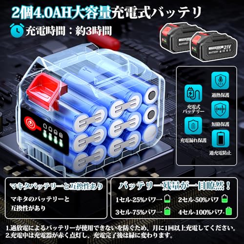 レシプロソー 充電式 電動ノコギリ4.0Ah大容量バッテリー2個 電動ノコギリ 21V 電動のこぎり 超強力 安全ロック 無段変速 残電量表示 軽量 小型 7本高炭素鋼替刃付き枝切り DIY 枝打 ち 竹を切る 庭木の剪定 金属切断 粗大ごみ切断 収納ケース付き 木材・金属切断 粗大ゴミ解体 一台多役 小型 軽量 家庭用の特徴・詳細 画像