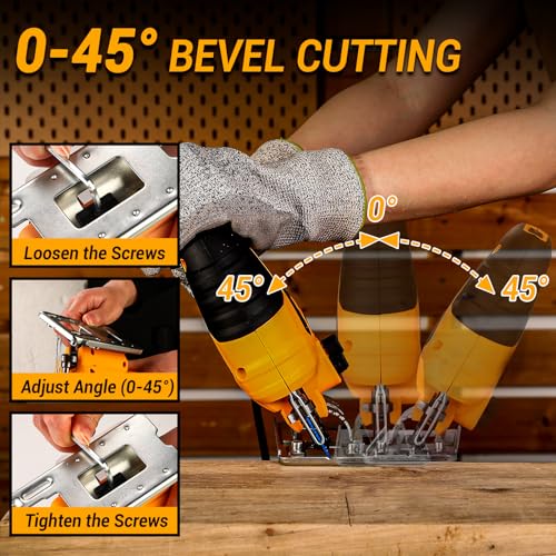 DEKOPRO ジグソー電動 オービタルジグソー DIY 電動工具 切断工具 コード式 6段変速 4段階調節 ±45°多角度調整 木材 プラスチック 金属 家庭用 小型 除塵 吸引・吹き出し掃除機能 ブレード&定規付き 木工 DIY作業 イエローの特徴・詳細 画像