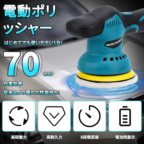 【2025強化版】ポリッシャー 充電式ポリッシャー 電動ポリッシャー 12V ダブルアクション ポリッシャー 8段階変速 125mm コードレス ポリッシャー 大容量バッテリ一2個搭載 車 コードレスポリッシャー 研磨 ポリッシャー 洗車 車磨き 鏡面磨き 傷消し 艶出し ワックス 電動ポリッシャー (ブルー)の特徴・詳細 画像