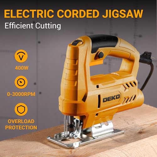 コード式ジグソー：DEKOPRO電動ジグソー工具 木工用パワージグソー、木工用ハンドツール6段階変速、4段階オービタル設定、±45°ベベルカット、工具不要ブレードクイックリリースの特徴・詳細 画像