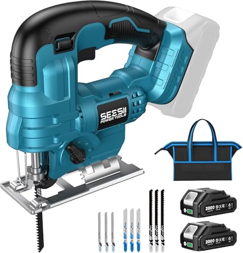 SEESII ジグソー 充電式 電動ノコギリ 18Vマキタ互換バッテリー対応 木材・金属・プラスチック切断用 コードレス 高出力 LEDライト付き バッテリー2個・日本語取扱説明書付 型番JS01 1