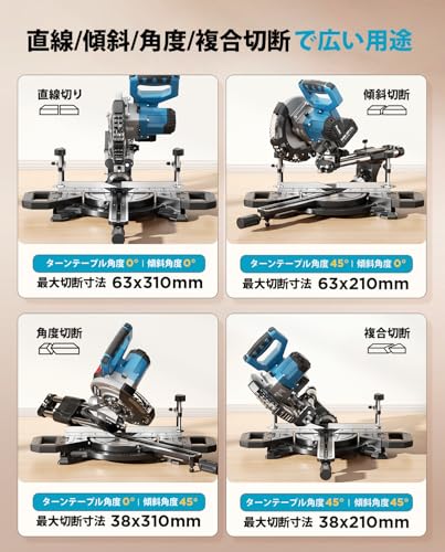 SEESII 卓上スライド丸のこ 刃径200mm 最大切断幅305mm 充電式 電動 スライド丸鋸 8インチ レーザー付き 卓上丸ノコ 4.0Ah大容量バッテリー2個 ブラシレスモーター 無段階変速 LED自動点灯 目盛付き 安全スイッチ 集塵袋付属 0-45度傾斜切断 左右各45度回転 日本語説明書付きの特徴・詳細 画像
