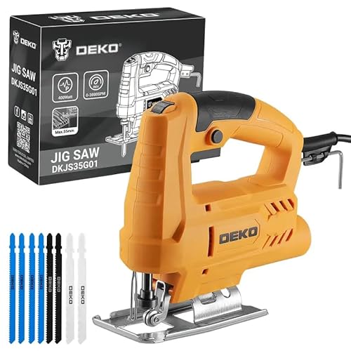 コード式ジグソー：DEKOPRO電動ジグソー工具 木工用パワージグソー、木工用ハンドツール6段階変速、4段階オービタル設定、±45°ベベルカット、工具不要ブレードクイックリリース 1