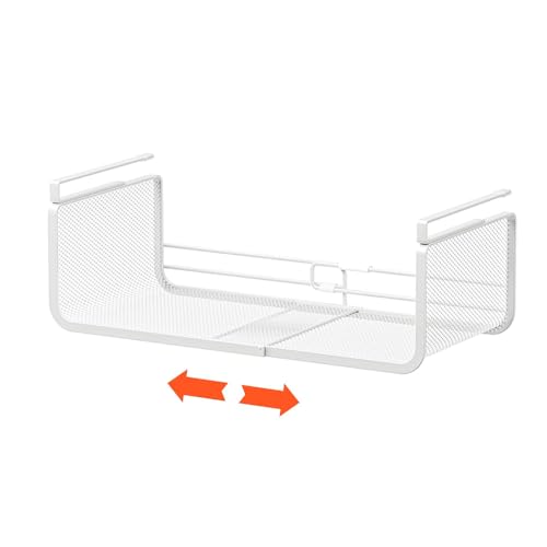 吊り下げ棚 伸縮式 差し込み式 戸棚下 吊り戸棚 収納ラック 吊り下げ ラック デスク下 戸棚下収納 吊戸棚 バスケット キッチン収納 掛け式 省スペース(ホワイト)の外観・全体像 画像