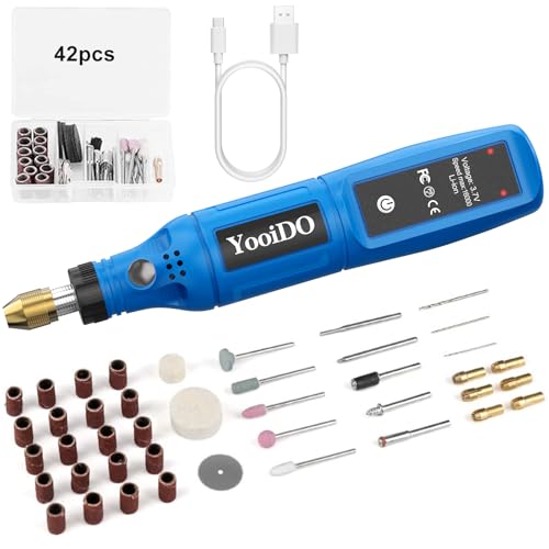 ミニルーター リューター コンパクトルーター 42PCSセットYooiDO ルーター工具16000RPM高速回転 USB充電式 コードレス 研磨/彫刻/切削/穴あけ/汚れ落とし/錆落とし/切断/つや出し/ネイルアート DIY軽作業 ミニ工具セット 電動ルーター 充電式りゅーたー (ブルー) 1