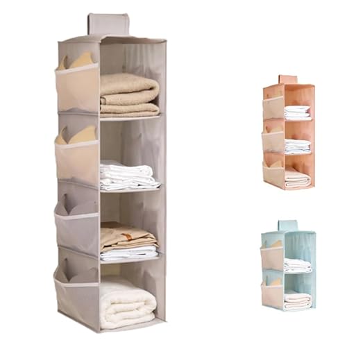 【 MONESTA 】 吊り下げ収納 2段 3段 4段 クローゼット 吊り収納 衣類収納 脱衣所 折りたたみ 吊るす 下着 小物 タオル 収納 吊り下げ式 ラック ランドリー ポケット付 吊下 衣類 バッグ サイドポケット 洗面所 (グレー, 4段) 1