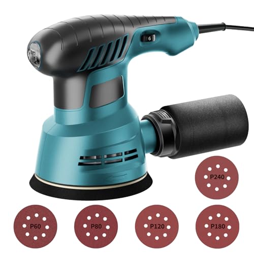 サンダー 電動 ランダムオービットサンダー 電動サンダー 6段階調速 回転数6000-12000min-1 自動集塵 オービタルサンダー マジックテープ式 125mmサンドペーパー P240、P180、P120、P80、P60のサンドペーパーを添付し 日本語取扱説明書 木工作業/研磨/仕上げ/荒削り/塗装はがし/錆落とし/ワックスがけ（ブルー） 1
