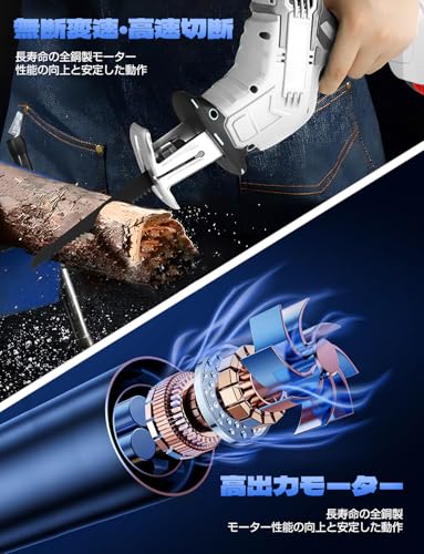 Gaksam シプロソー 電動 ノコギリ【2000mAh*2個バッテリー付き&替刃8本】無段変速 21V 充電式ノコギリ セーバーソー 小型 枝切り 竹を切る 庭木の剪定 粗大ごみ切断 木材切断 金属切断 収納ケース 付き 日本語取扱説明書付き 白いの詳細・まとめ 画像