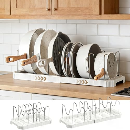 フライパンスタンド 伸縮式 フライパン 収納 可動式7仕切り ABSベース ステンレス仕切り 33~56cm 調整可能 鍋収納 ラック フライパン置き 鍋蓋 鍋 まな板 シンク下 引き出し収納 (ホワイト) 1