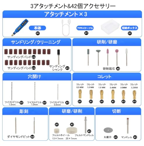 ミニルーター リューター コンパクトルーター 42PCSセットYooiDO ルーター工具16000RPM高速回転 USB充電式 コードレス 研磨/彫刻/切削/穴あけ/汚れ落とし/錆落とし/切断/つや出し/ネイルアート DIY軽作業 ミニ工具セット 電動ルーター 充電式りゅーたー (ブルー)の特徴・詳細 画像