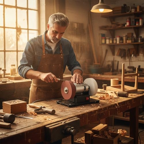 LOL-FUN 【2026新登場・7段階変速】ミニベンチグラインダー 卓上グラインダー 電動グラインダー ポリッシャー 研磨工具 金属 研磨 研削 バリ取り 農具 刃物研ぎ 鉄工 砥石 木工用 DIY 操作簡単 家庭用の特徴・詳細 画像