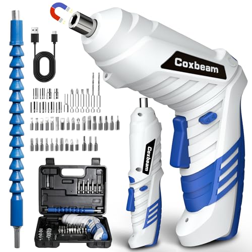 電動ドライバー 充電式 コードレス 小型 電動ドリル 軽量 強力 正逆転切替 2WAY変形可能 45点ビットセット手動最大トルク20N.m 延長棒 延長棒付き USB充電 強磁気 家具組立 DIY用 初心者向け 収納ケース 日本語説明書付き(ブルー)の外観・全体像 画像