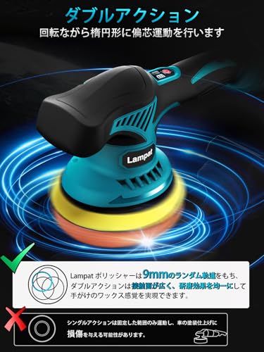 Lampat ポリッシャー 車 ダブルアクション マキタ18Vリチウムバッテリー対応可能 コードレス 電動ポリッシャー 充電式 8段階変速 150mm裏板 6000-2500RPM 強力モーター 過熱防止機能 バッテリー残量表示 偏心構造 ワックス掛け 艶出し 車磨き 鏡面磨き 錆落し ランダムオービットサンダ 家庭用 研磨機 日本語取扱説明書【本体のみ・電池と充電器別売】の詳細・まとめ 画像