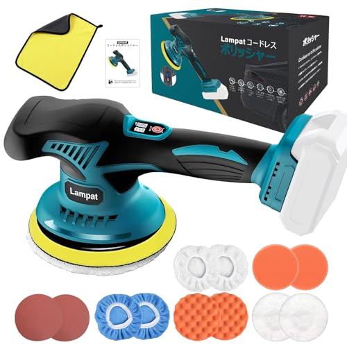 Lampat ポリッシャー 車 ダブルアクション マキタ18Vリチウムバッテリー対応可能 コードレス 電動ポリッシャー 充電式 8段階変速 150mm裏板 6000-2500RPM 強力モーター 過熱防止機能 バッテリー残量表示 偏心構造 ワックス掛け 艶出し 車磨き 鏡面磨き 錆落し ランダムオービットサンダ 家庭用 研磨機 日本語取扱説明書【本体のみ・電池と充電器別売】 1