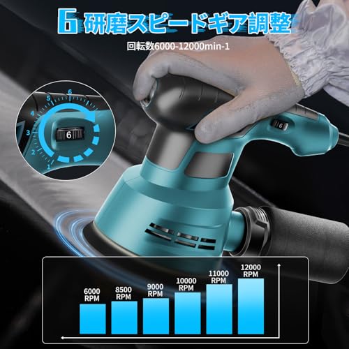 サンダー 電動 ランダムオービットサンダー 電動サンダー 6段階調速 回転数6000-12000min-1 自動集塵 オービタルサンダー マジックテープ式 125mmサンドペーパー P240、P180、P120、P80、P60のサンドペーパーを添付し 日本語取扱説明書 木工作業/研磨/仕上げ/荒削り/塗装はがし/錆落とし/ワックスがけ（ブルー）の特徴・詳細 画像